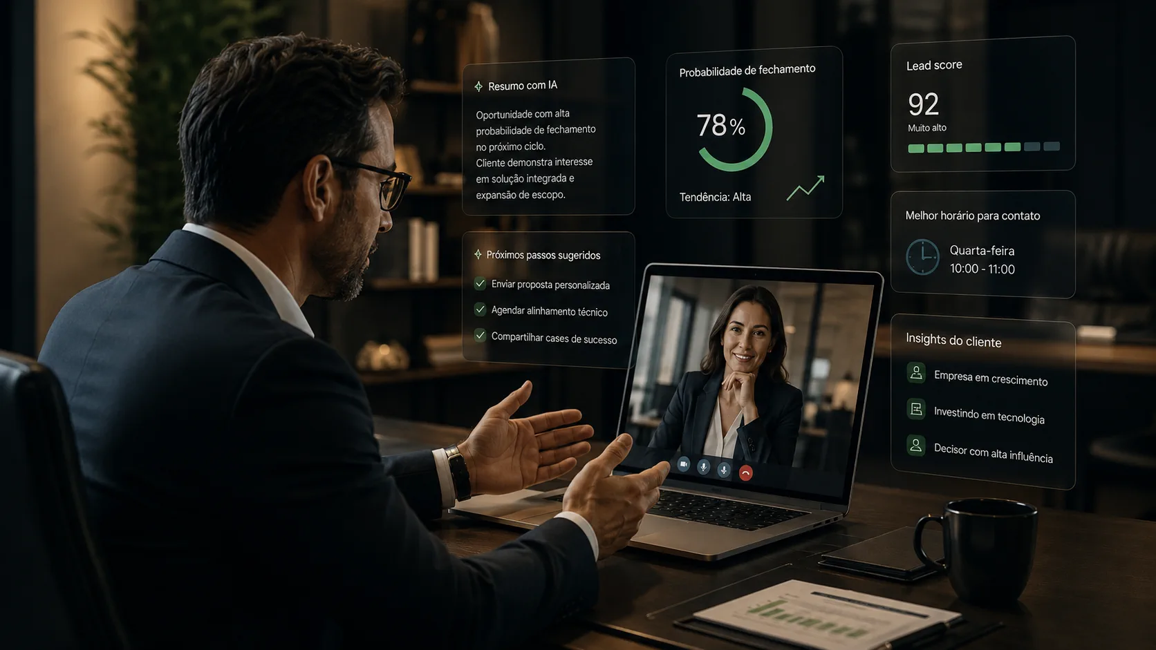 Consultor em videoconferência com análise de oportunidades comerciais